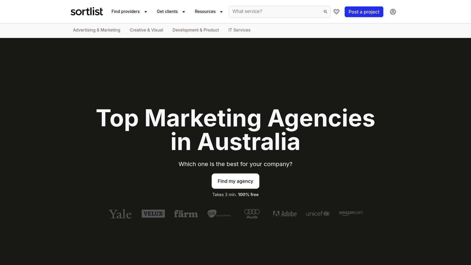 Sortlist user interface displaying a curated list of marketing agencies with key details like reviews, team size, and location.