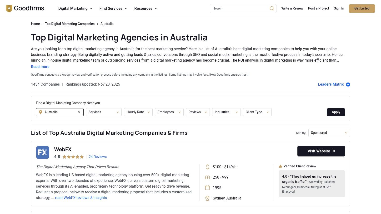 GoodFirms user interface showing a list of top digital marketing companies in Australia, with sorting and filtering options.