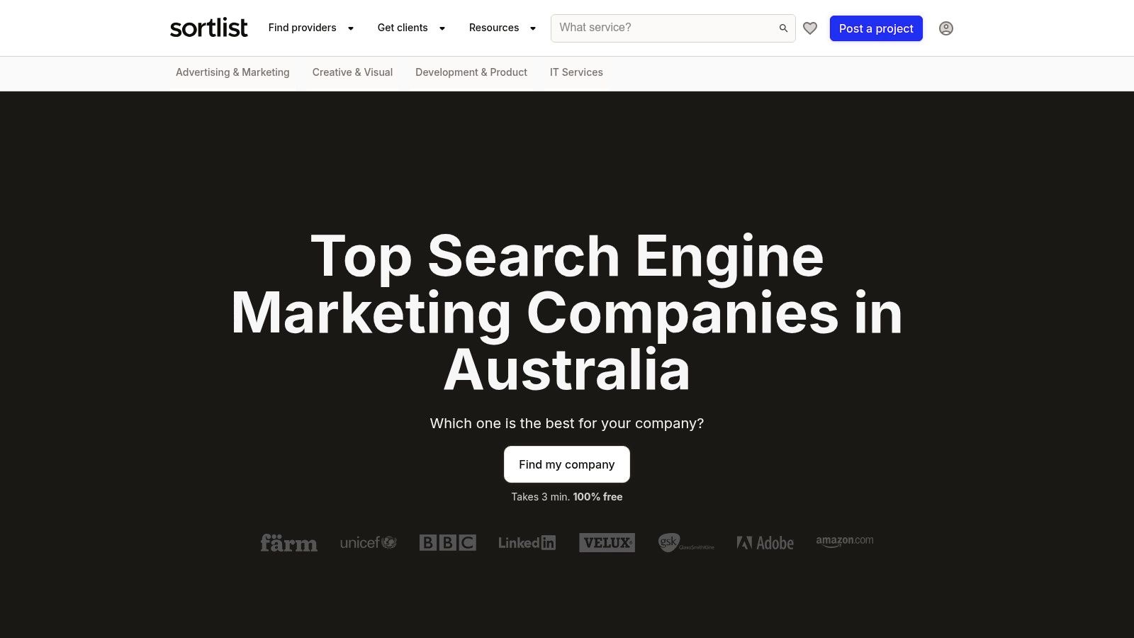 The Sortlist platform showing a search for SEM agencies in Australia