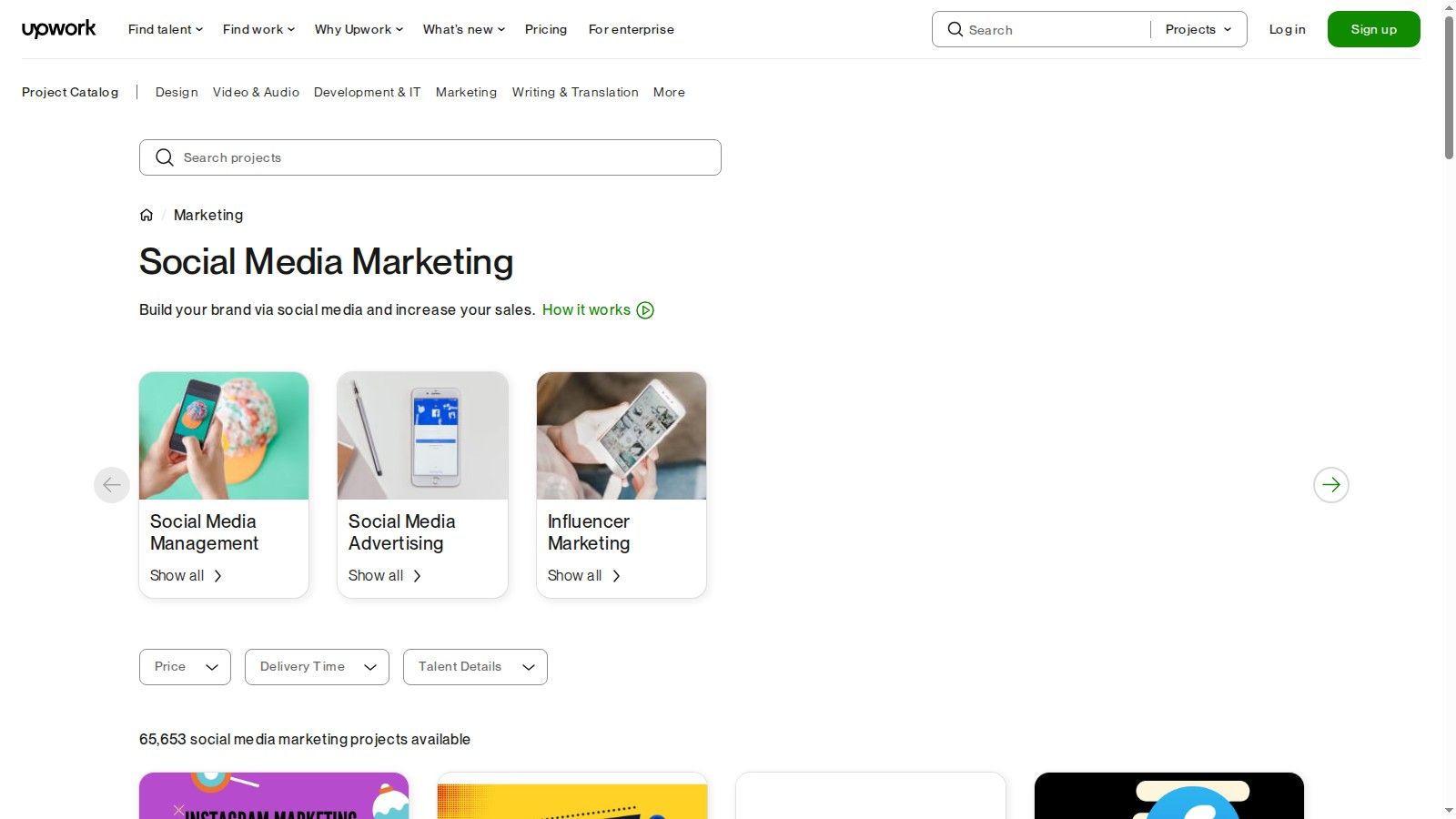 Upwork user interface showing a search for social media marketing services, highlighting freelancer profiles with ratings and job success scores.