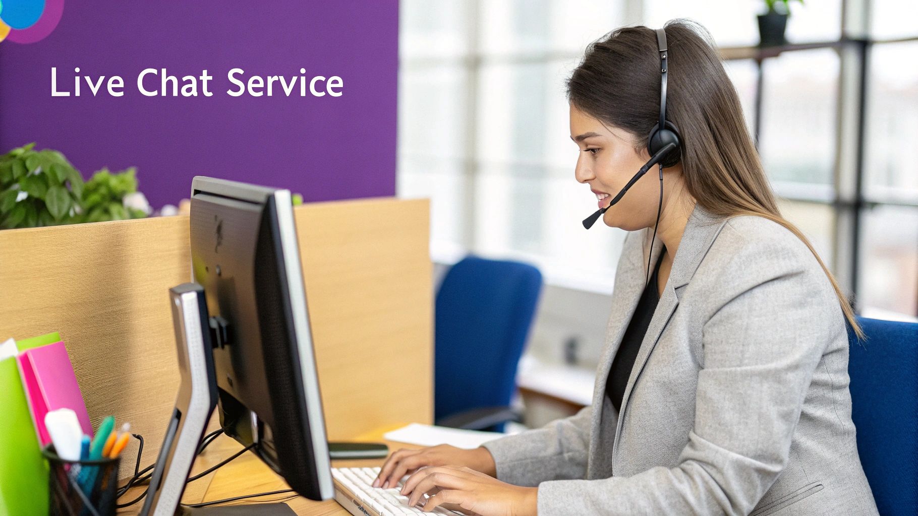 A live chat agent wearing a headset and talking to a customer