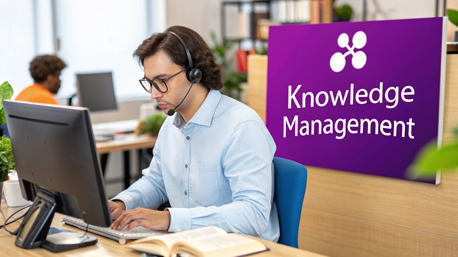 A team of customer service agents collaborating in an office, symbolizing a collective brain for support.