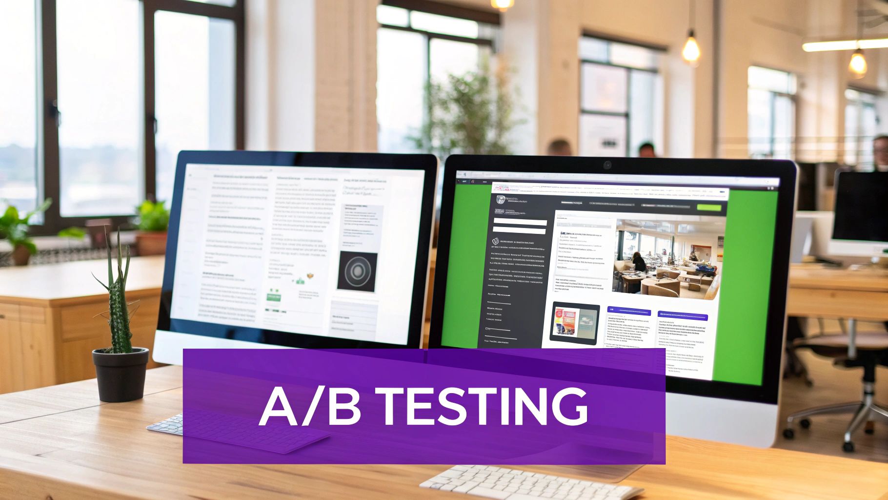 A team analyzes charts and graphs on a screen, focused on A/B testing results and conversion data.