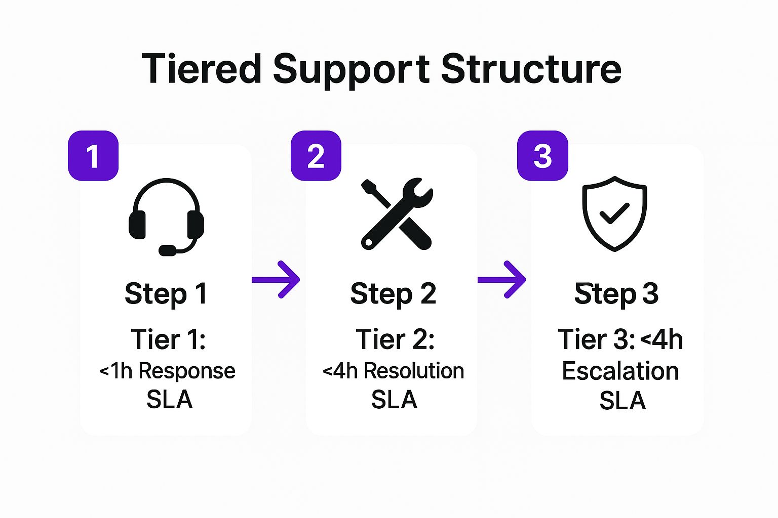 Infographic showing a process flow for a tiered support structure with three steps: Tier 1, Tier 2, and Tier 3, each with a specific SLA target.