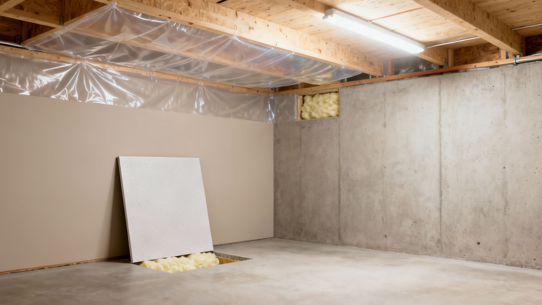 Unfinished basement with exposed wooden joists, plastic vapor barrier, concrete wall, and insulation.