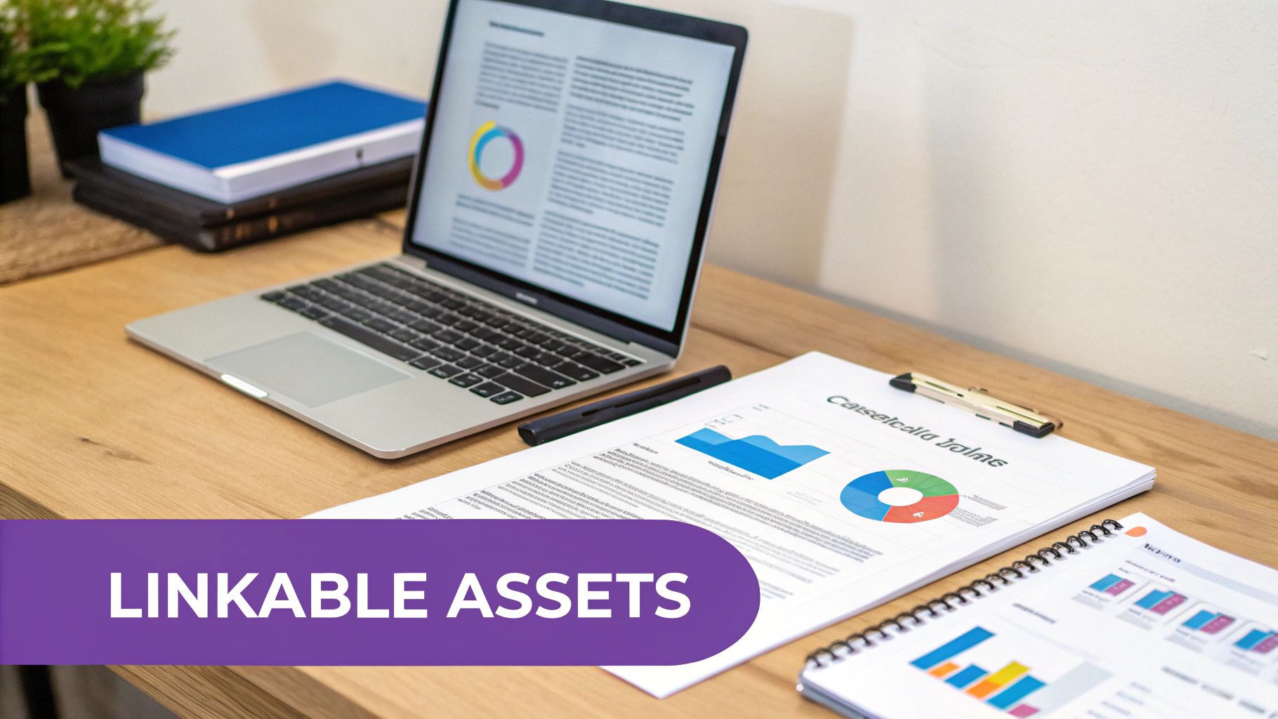 A business desk setup with a laptop, documents showing data charts, and 'LINKABLE ASSETS' overlay.