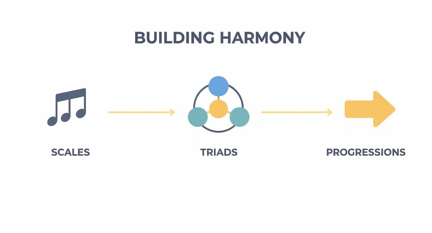 A diagram titled 'Building Harmony' illustrating the progression from scales to triads to progressions in music.