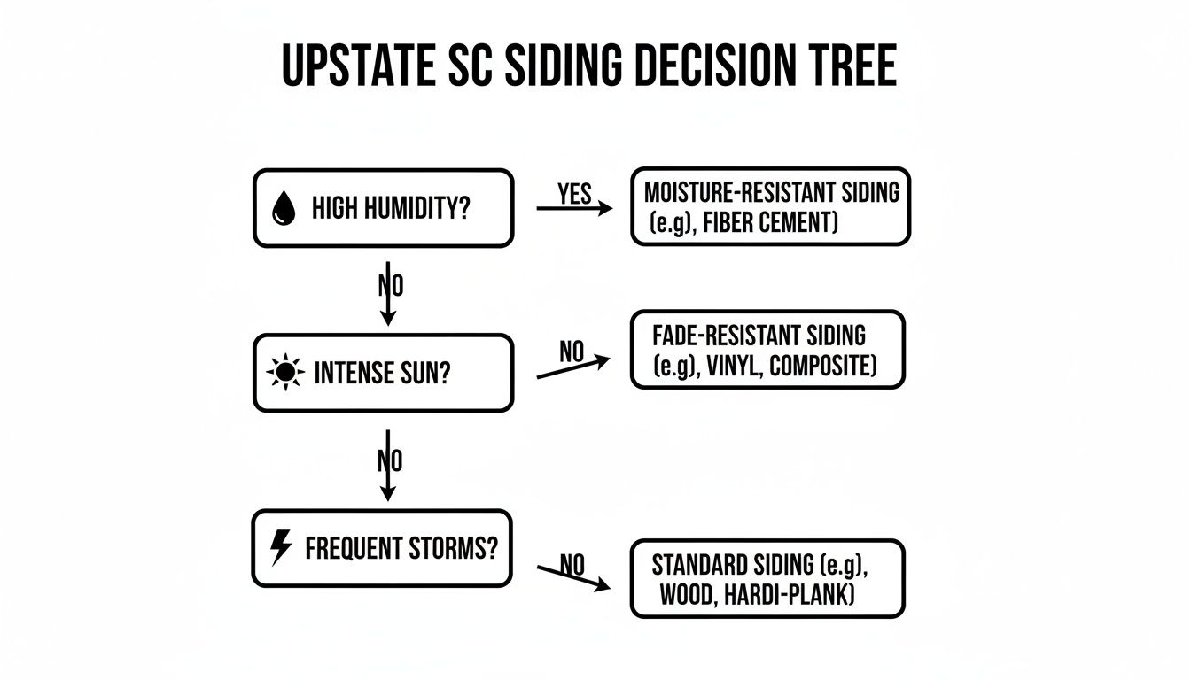 Decision tree flowchart for Upstate SC siding, guiding choices based on humidity, sun, and storms.