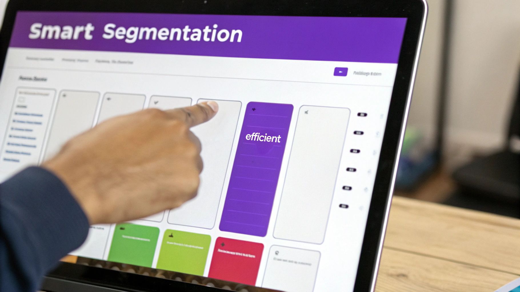 A digital marketer segmenting an email list on a computer screen, with different customer profiles highlighted
