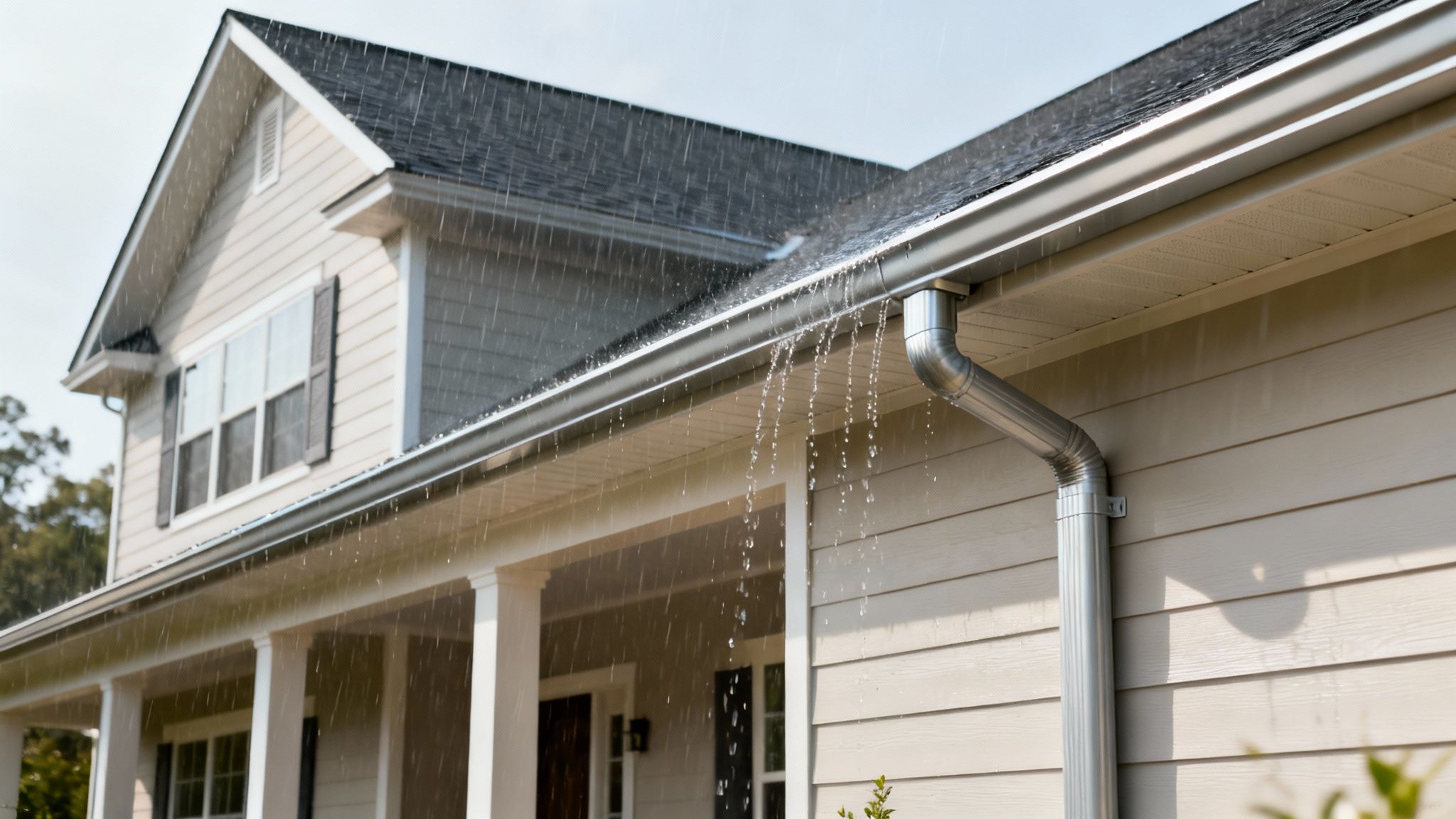 Rainwater overflows from a silver gutter on a light-colored house, highlighting gutter installation.