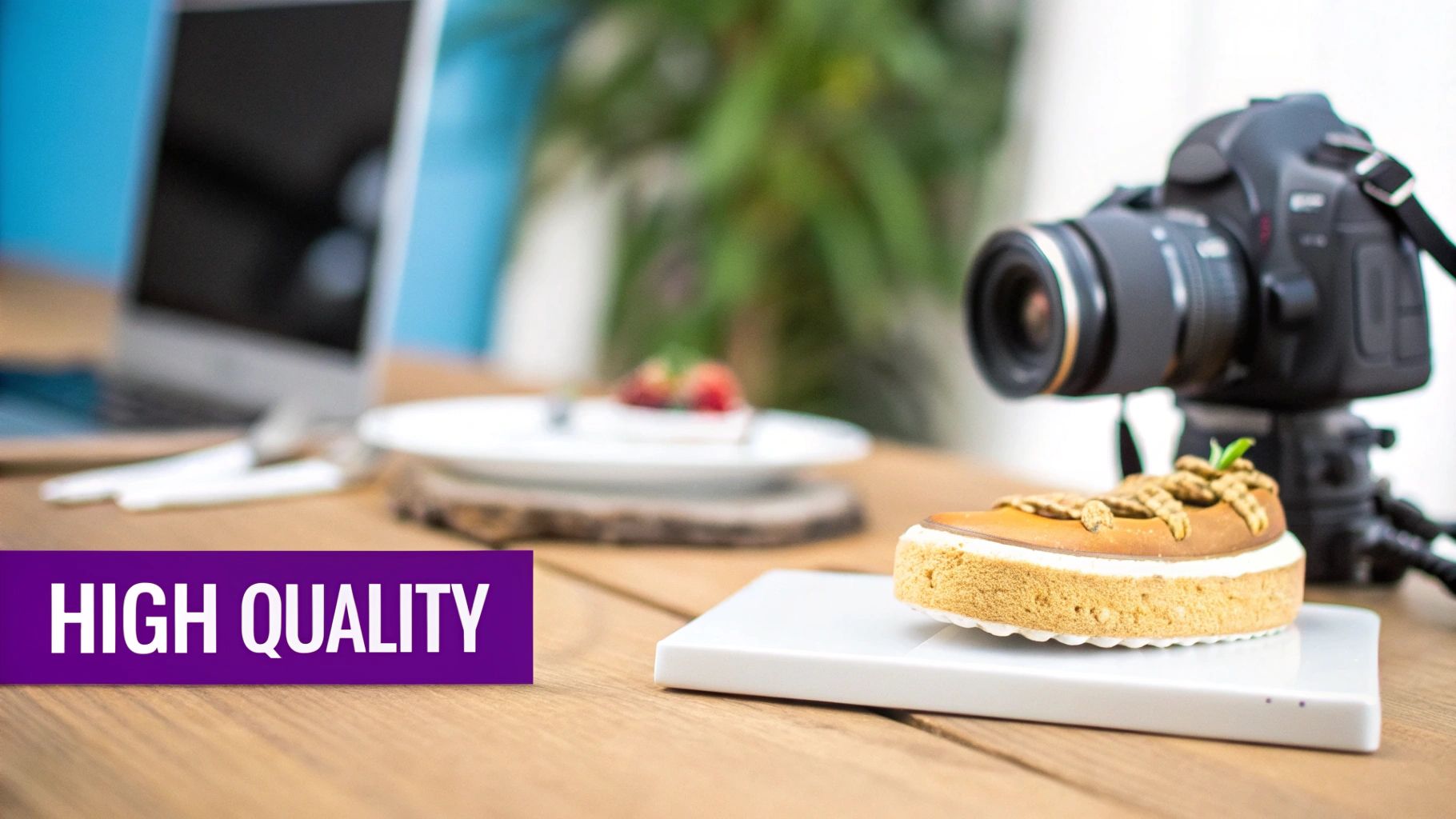 A high-quality image of a sneaker-shaped dessert, camera, laptop, and fruit on a wooden table.