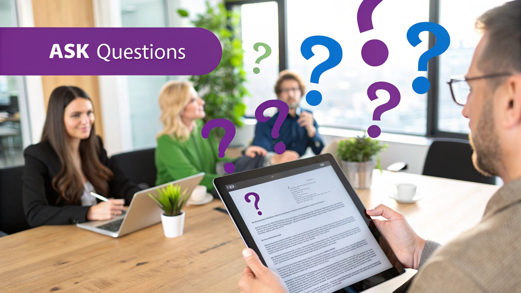 A person asking questions to two agency representatives during a meeting in a modern office.