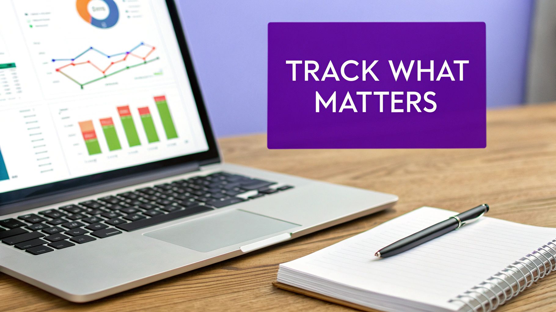 Laptop displaying business analytics dashboard with charts, graphs, and text 'TRACK WHAT MATTERS' on a wooden desk.