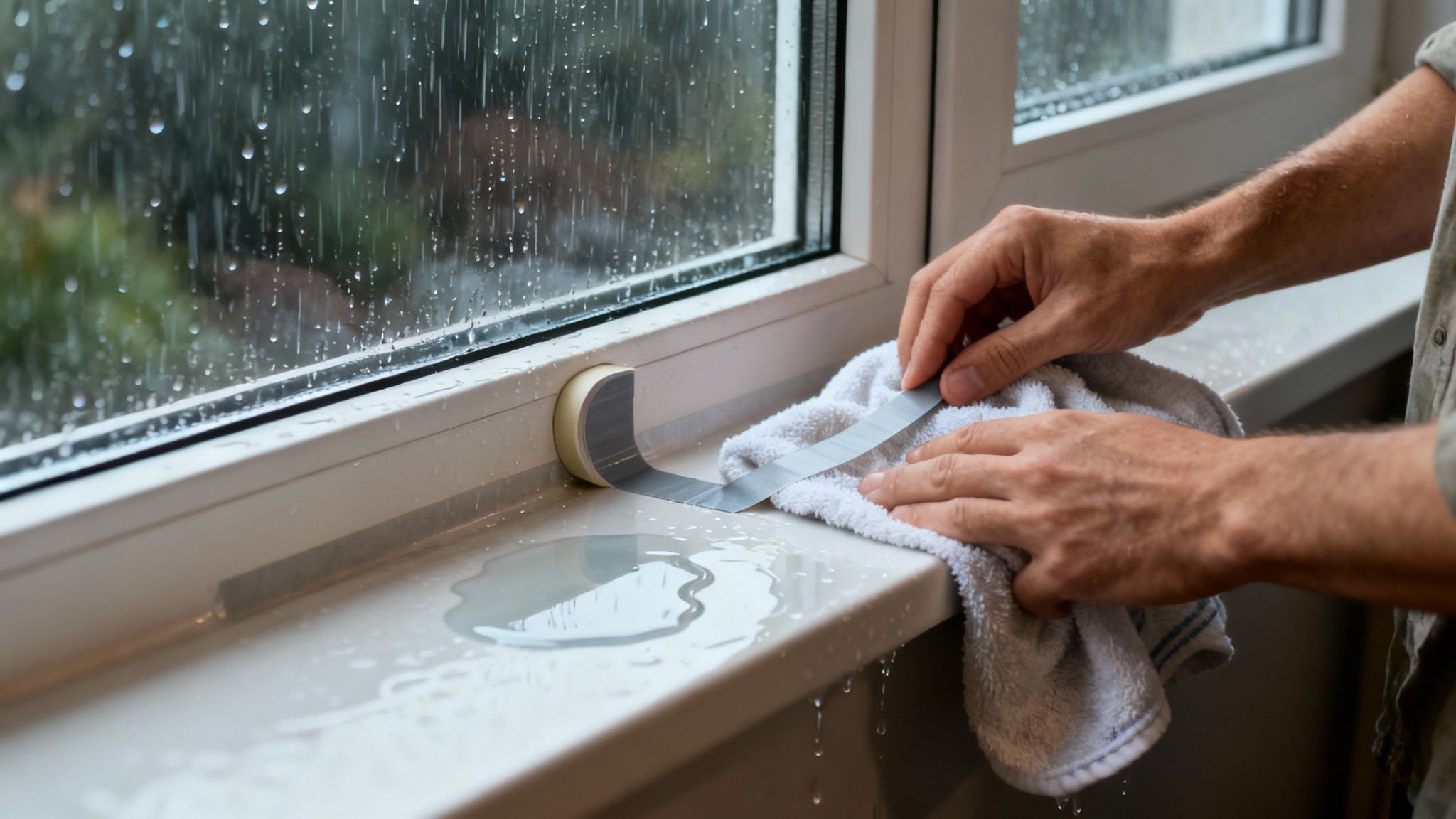 Hands wiping water and applying sealing tape to fix a leaking window during rain.