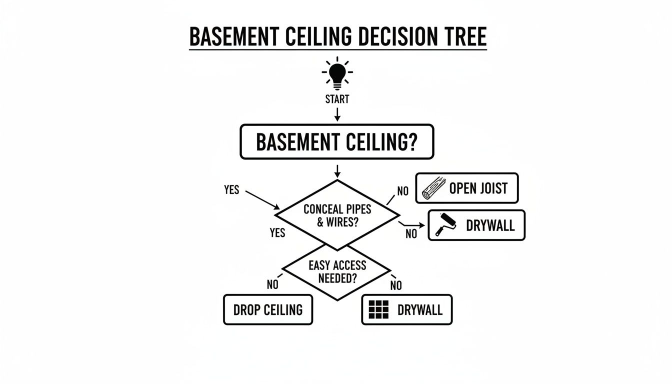 Decision tree flowchart showing options for basement ceilings based on concealing pipes/wires and access needs.