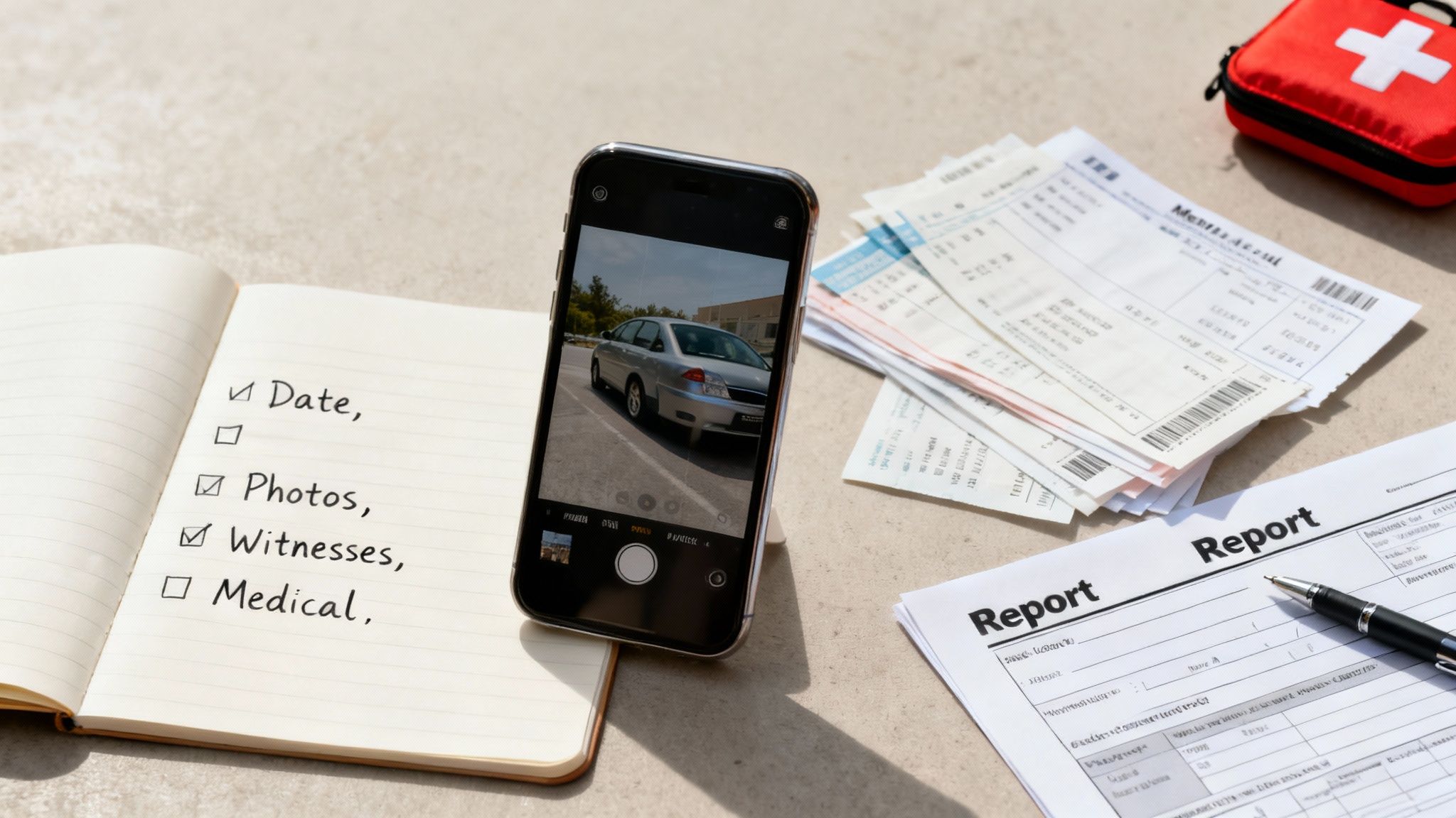 A flat lay of accident documentation essentials including a checklist, smartphone with car photo, report form, receipts, and first aid kit.