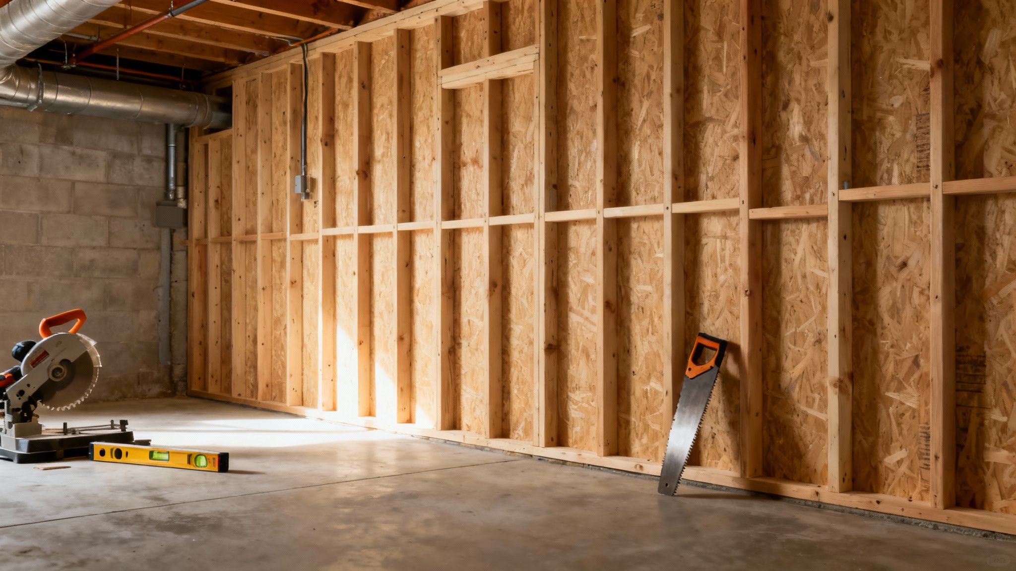 Framing of a basement renovation in progress, showing wooden studs creating the skeleton for new walls.