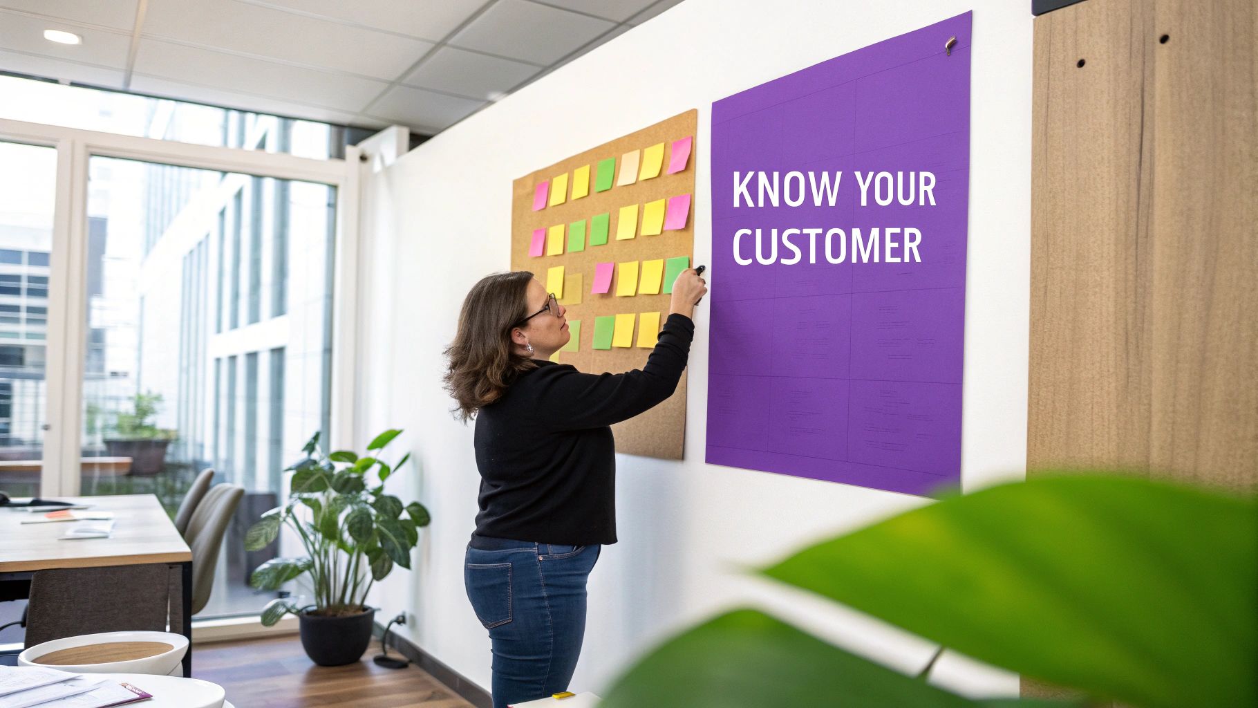 A woman in an office writes on a large purple "KNOW YOUR CUSTOMER" poster next to a sticky note board.