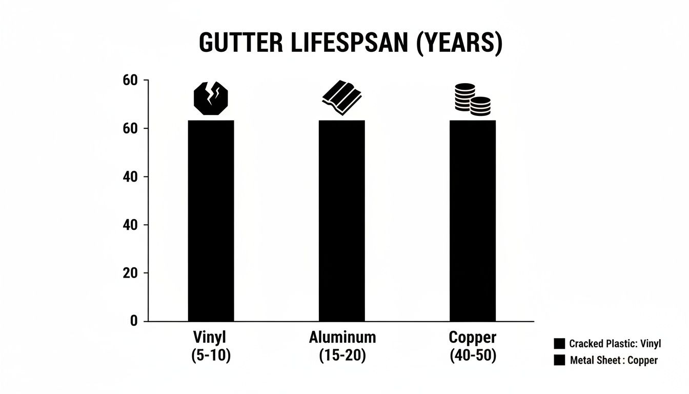 Bar chart illustrating gutter lifespan in years for vinyl, aluminum, and copper materials, showing their durability.