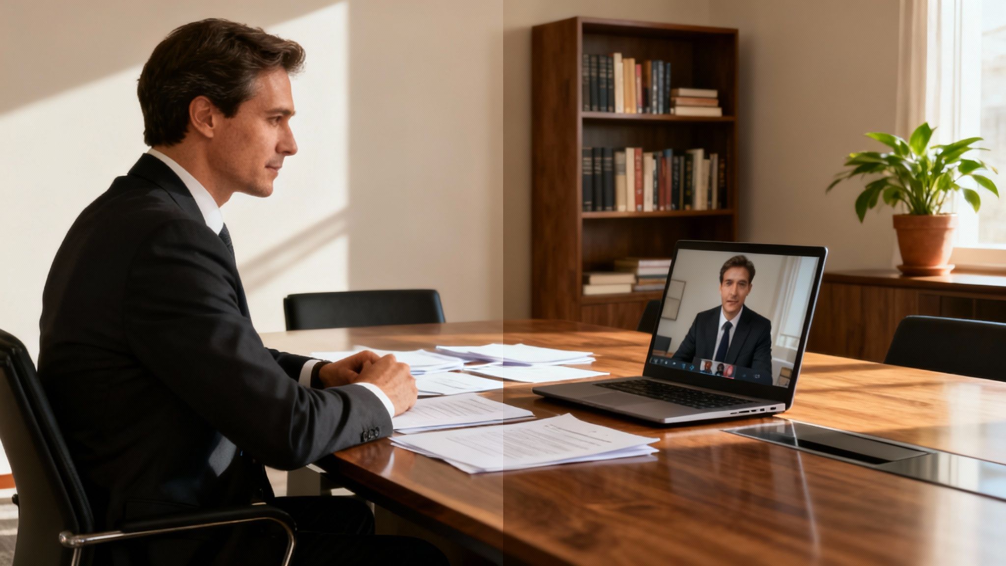 A split-screen view showing a person participating in a virtual meeting on one side and an in-person meeting on the other.