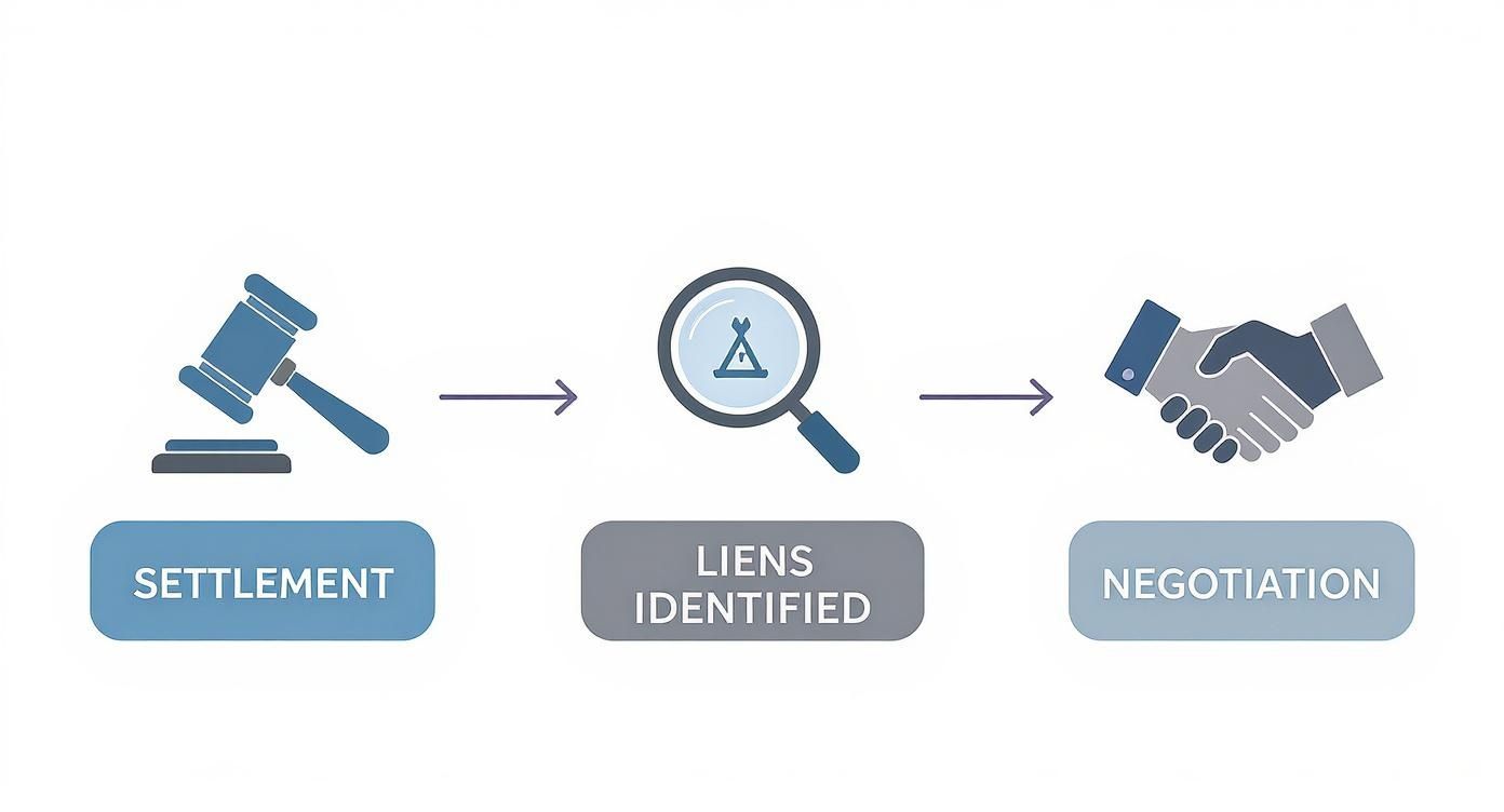 A three-step process diagram showing settlement (gavel), liens identified (magnifying glass), and negotiation (handshake).