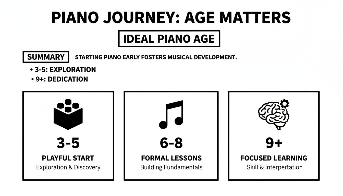 An infographic detailing ideal ages to start piano lessons, categorized by developmental stages and learning focuses.