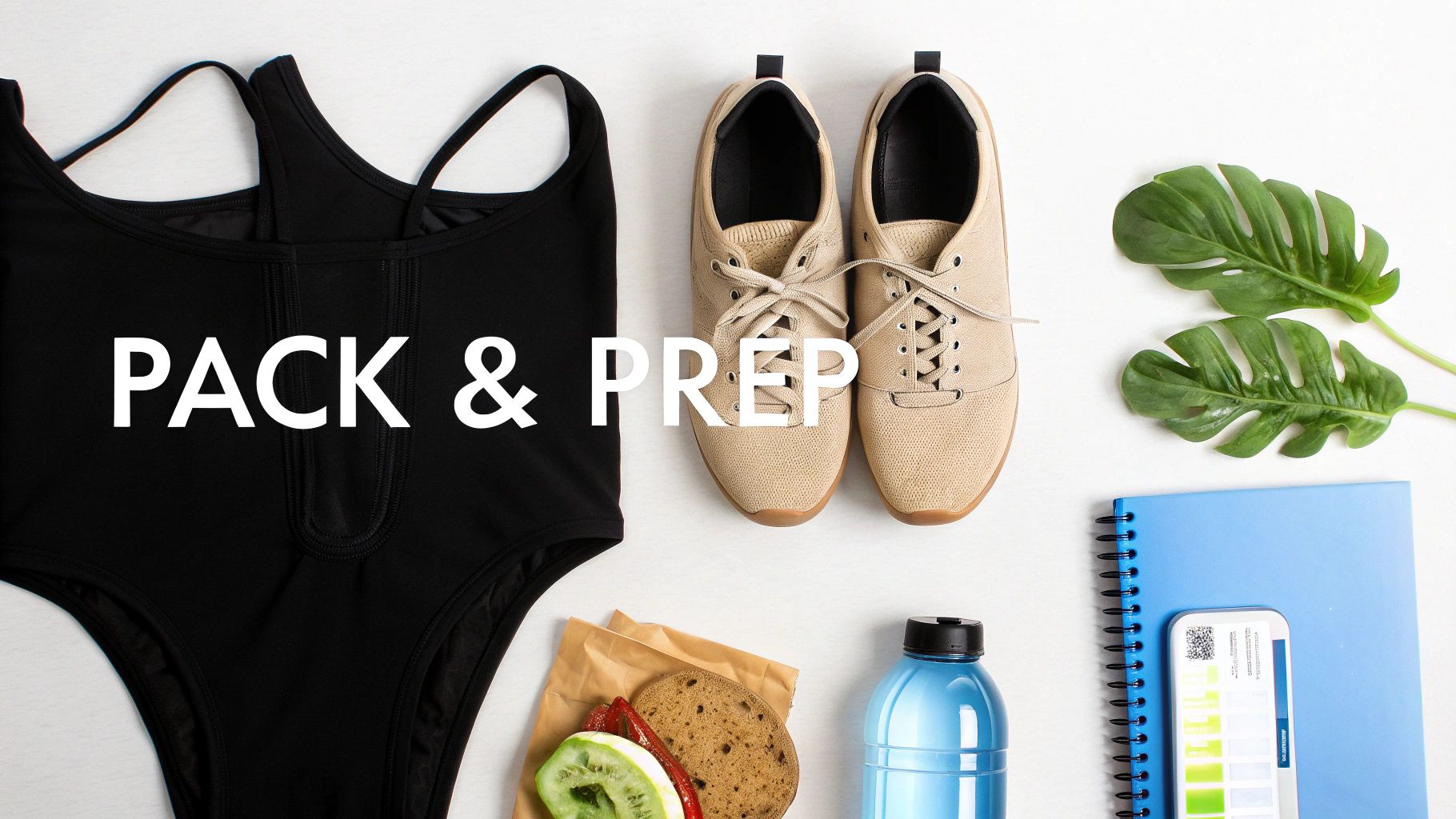 A flat lay shows a swimsuit, sneakers, sandwich, water bottle, and notebook with 'PACK & PREP' text.