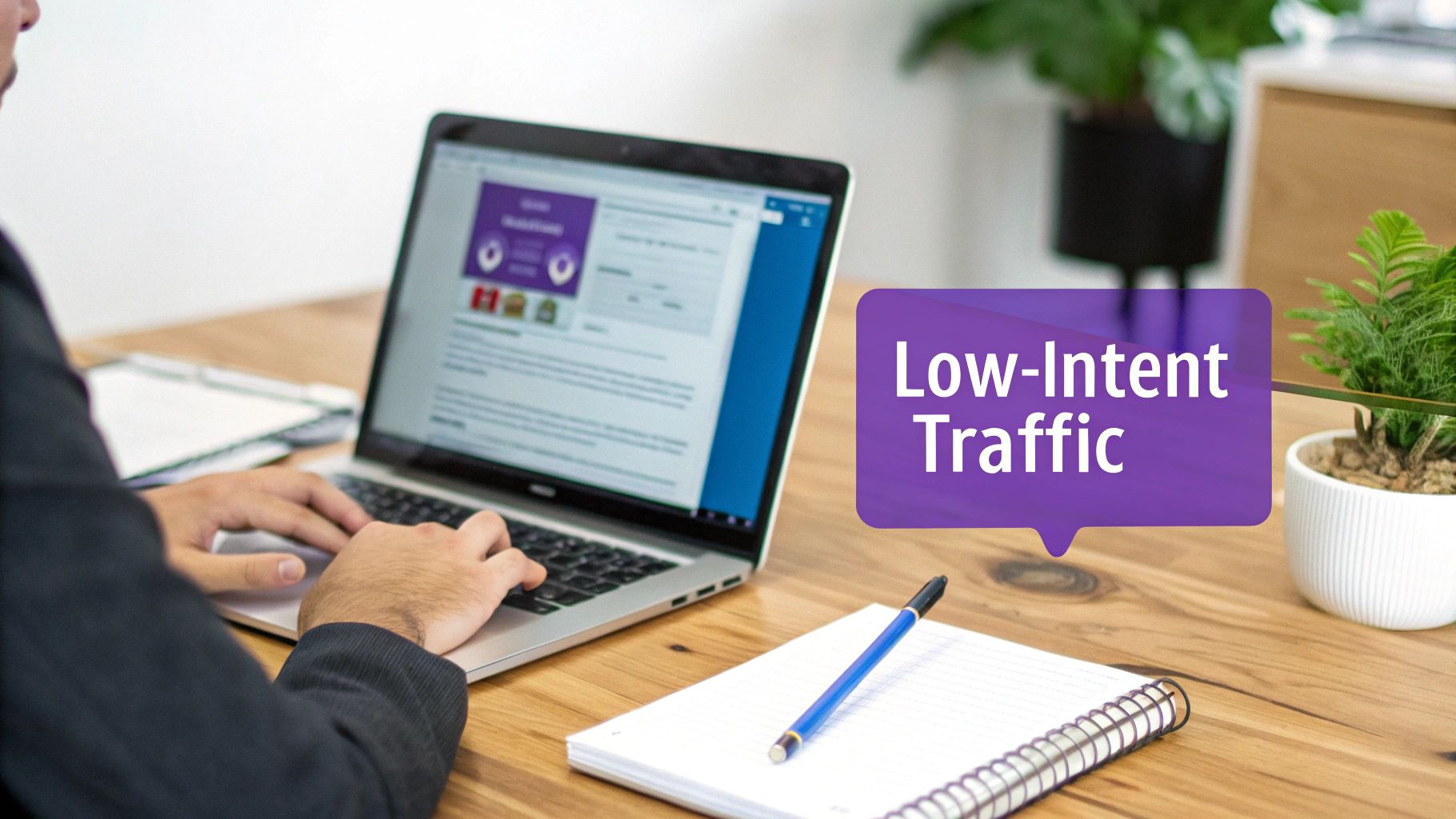 A person working on a laptop, with a 'Low-Intent Traffic' bubble, notebook, and a plant on a desk.