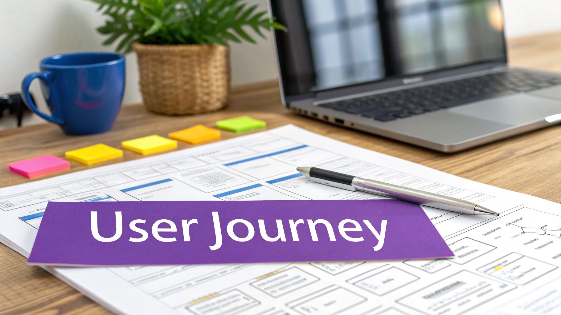 A desk with a 'User Journey' document, pen, sticky notes, laptop, and mug for B2B website design.