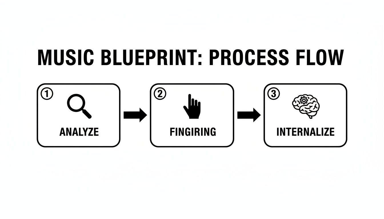 A music learning process flow diagram showing three steps: analyze, fingiring, and internalize.