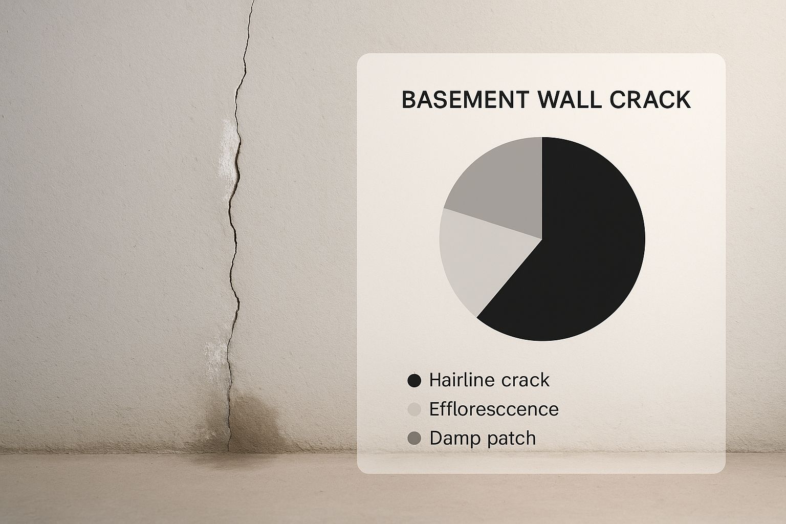 Infographic showing a hairline crack in a basement wall with white efflorescence powder and a damp patch near the floor.