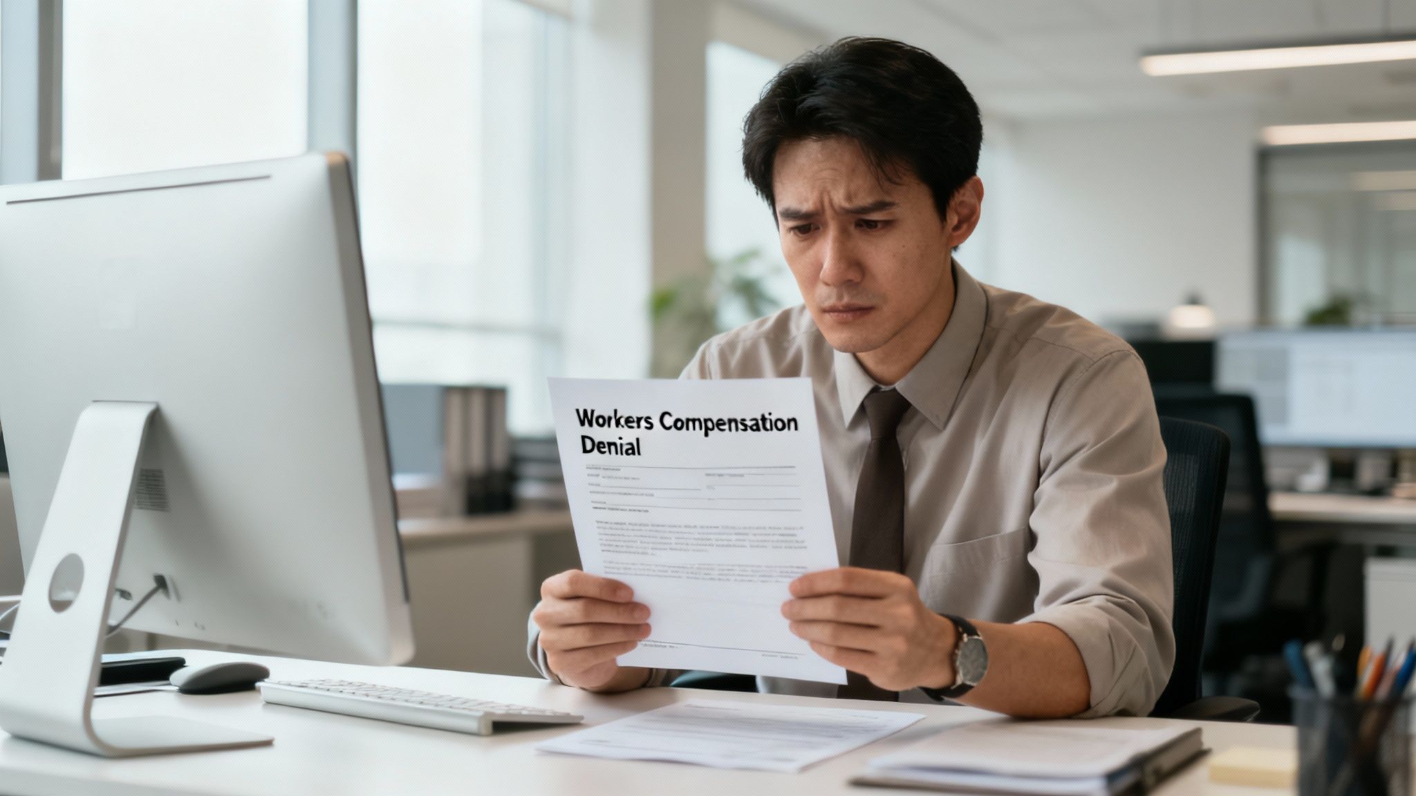 A person looking concerned while reviewing an official document, representing a workers' comp denial letter.