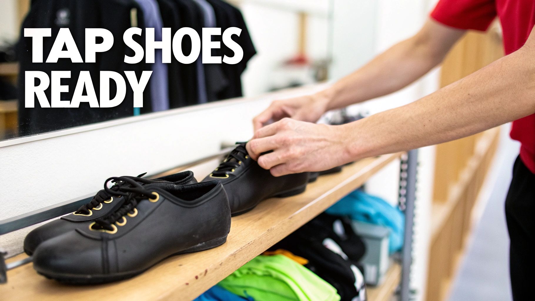 Hands reaching for black tap shoes with gold eyelets on wooden dance studio shelf