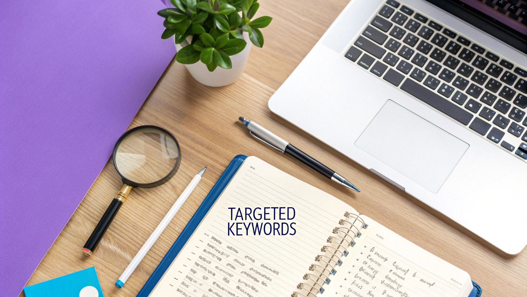 A desk with a laptop, open notebook, pen, magnifying glass, and a plant, with 'TARGETED KEYWORDS' written on the notebook.