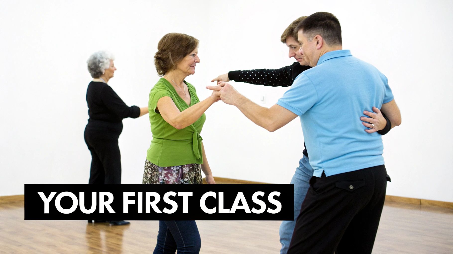 Adults learn ballroom dancing in a bright studio, focusing on hand and arm movements.