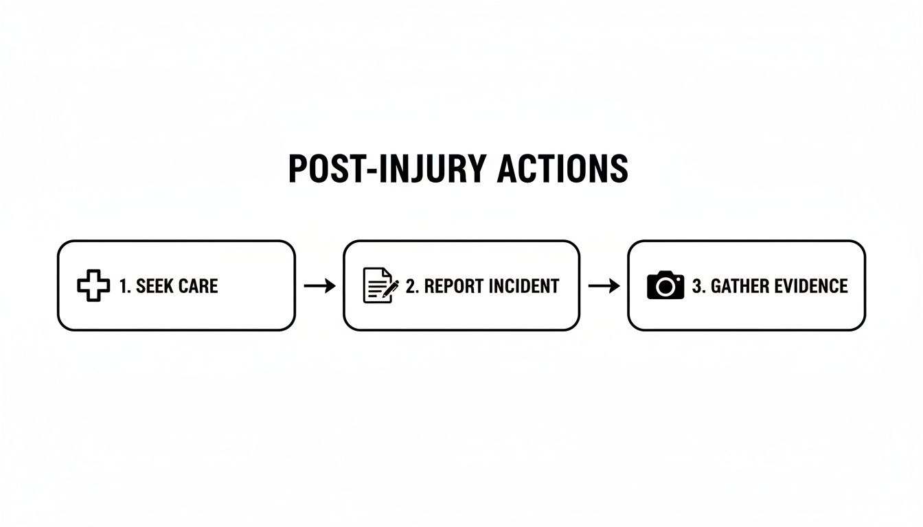Flowchart illustrating post-injury actions: 1. Seek Care, 2. Report Incident, 3. Gather Evidence.