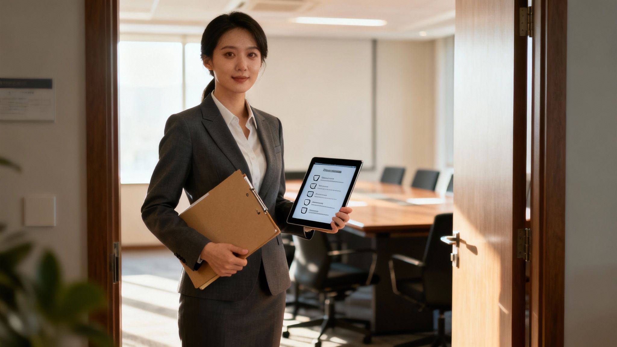 A professional setting with a person sitting at a table ready for a deposition