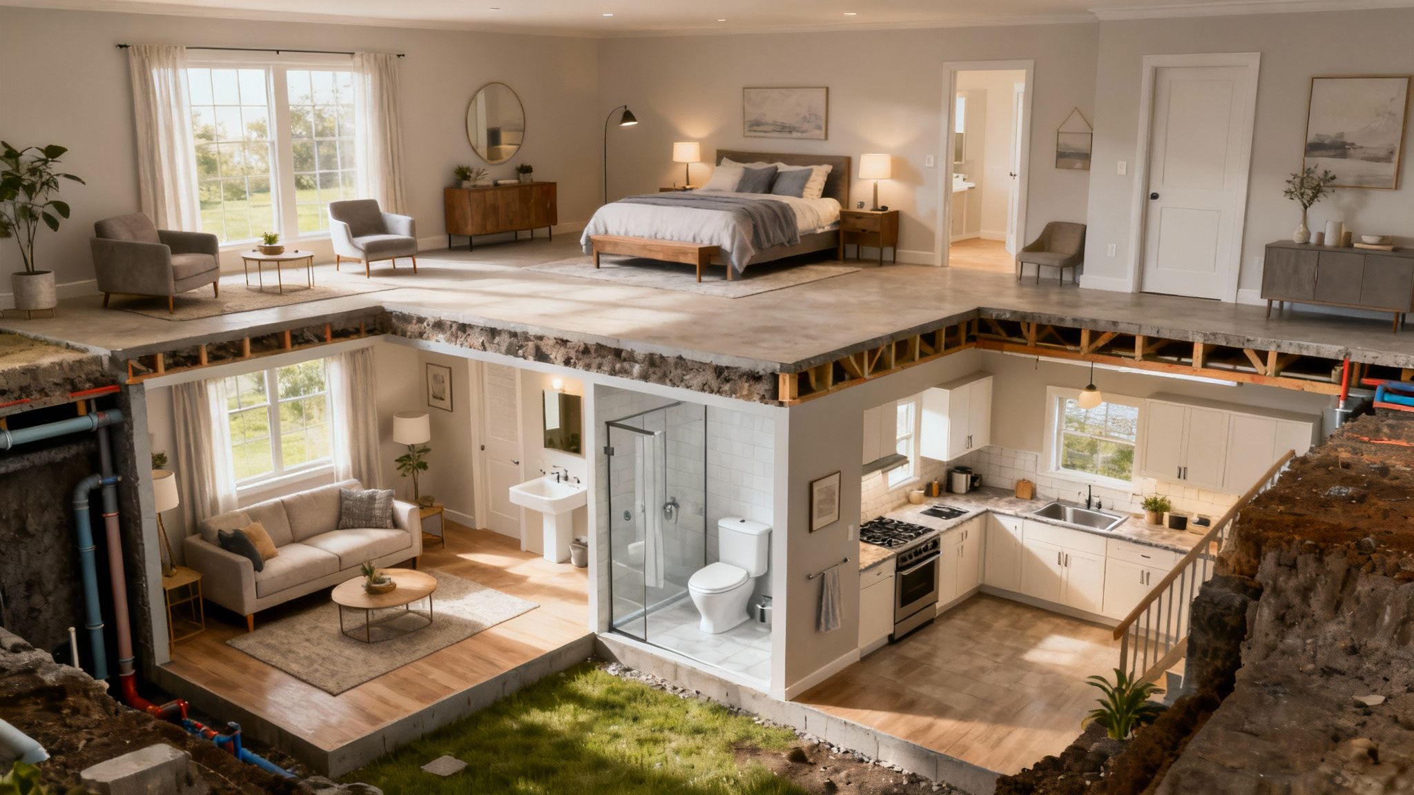 A beautifully designed basement with a clear vision, featuring a small kitchenette and seating area.