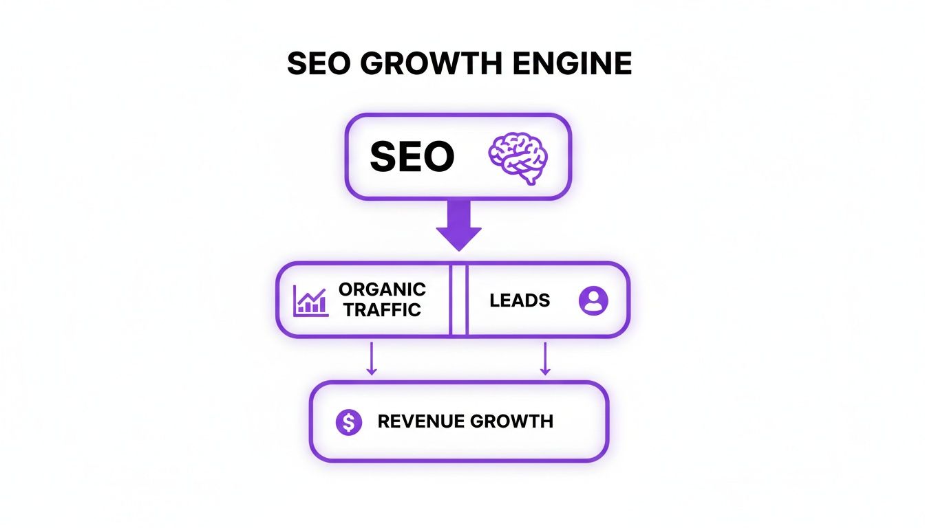 An infographic depicting the SEO growth engine, showing how SEO drives organic traffic, leads, and revenue.
