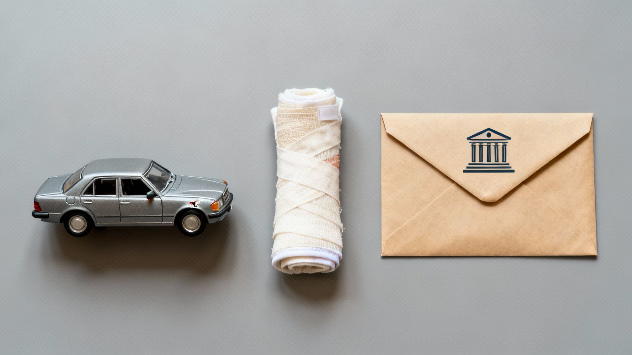 Car accident settlement concept with toy vehicle, medical bandage, and legal envelope symbolizing claim process