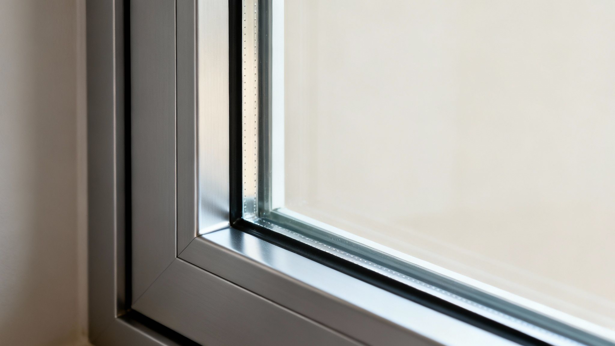 Close-up of a modern gray aluminum window frame with double glazing, showing the corner.