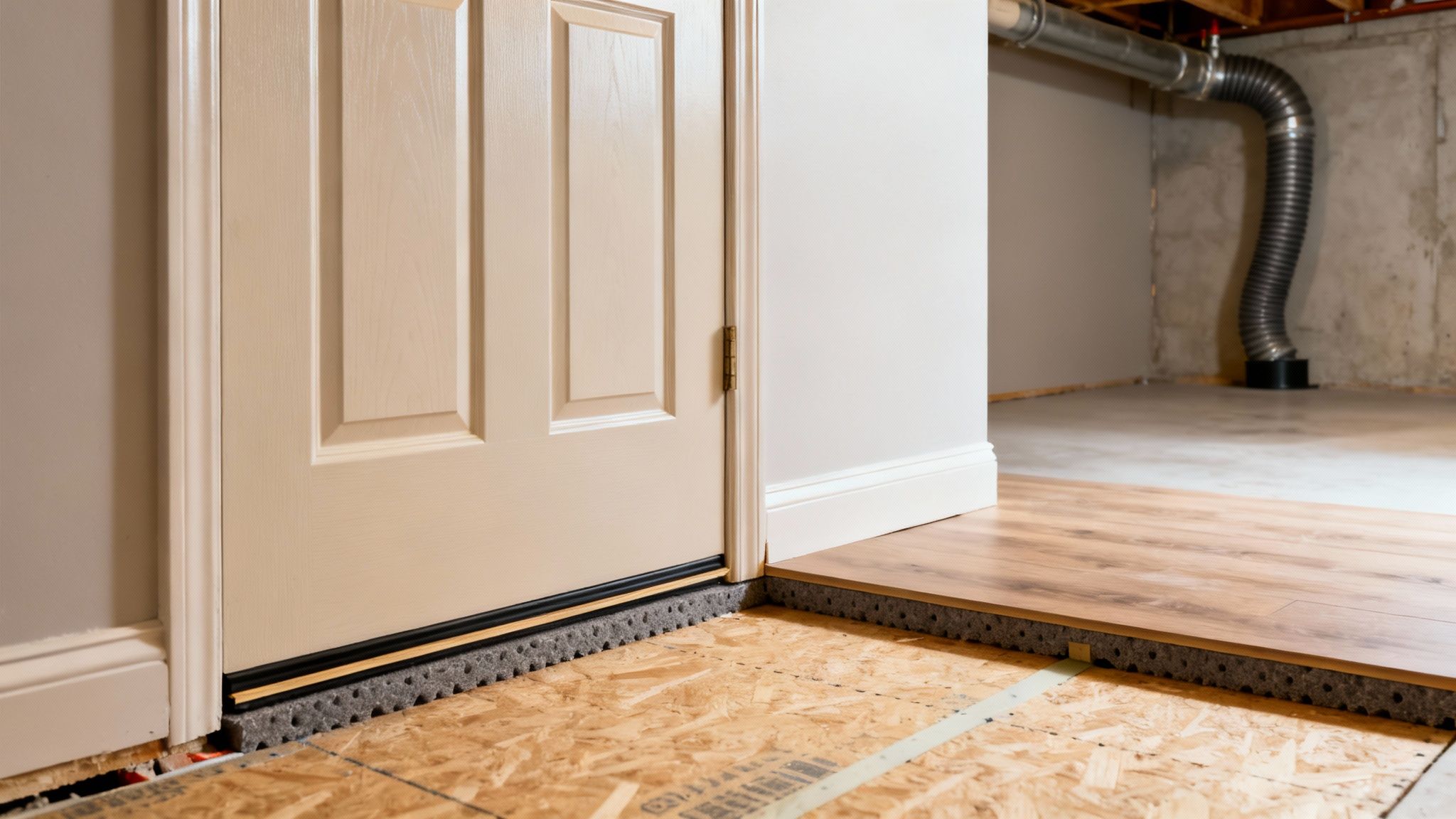View of a basement renovation with new laminate floor planks and underlayment being installed by a door.