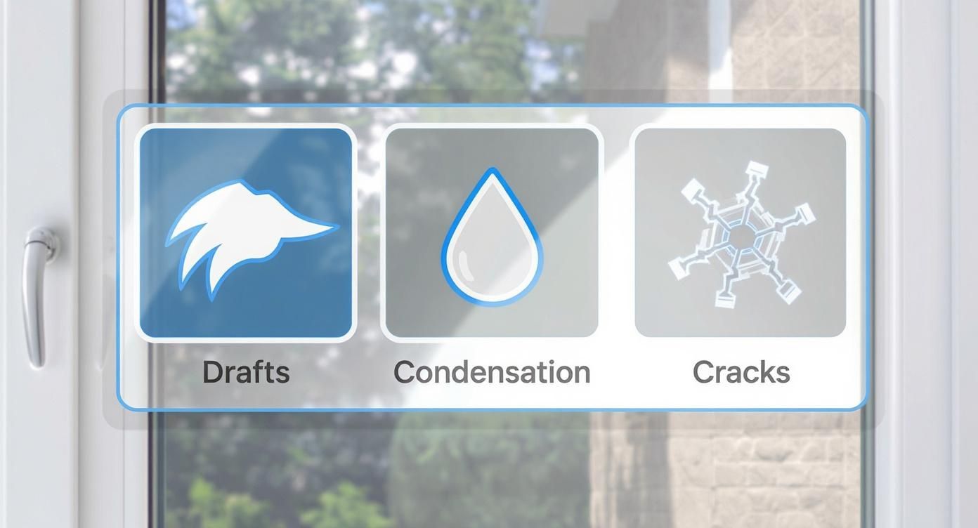 An overlay on a window displaying three common issues: Drafts, Condensation, and Cracks, with icons.