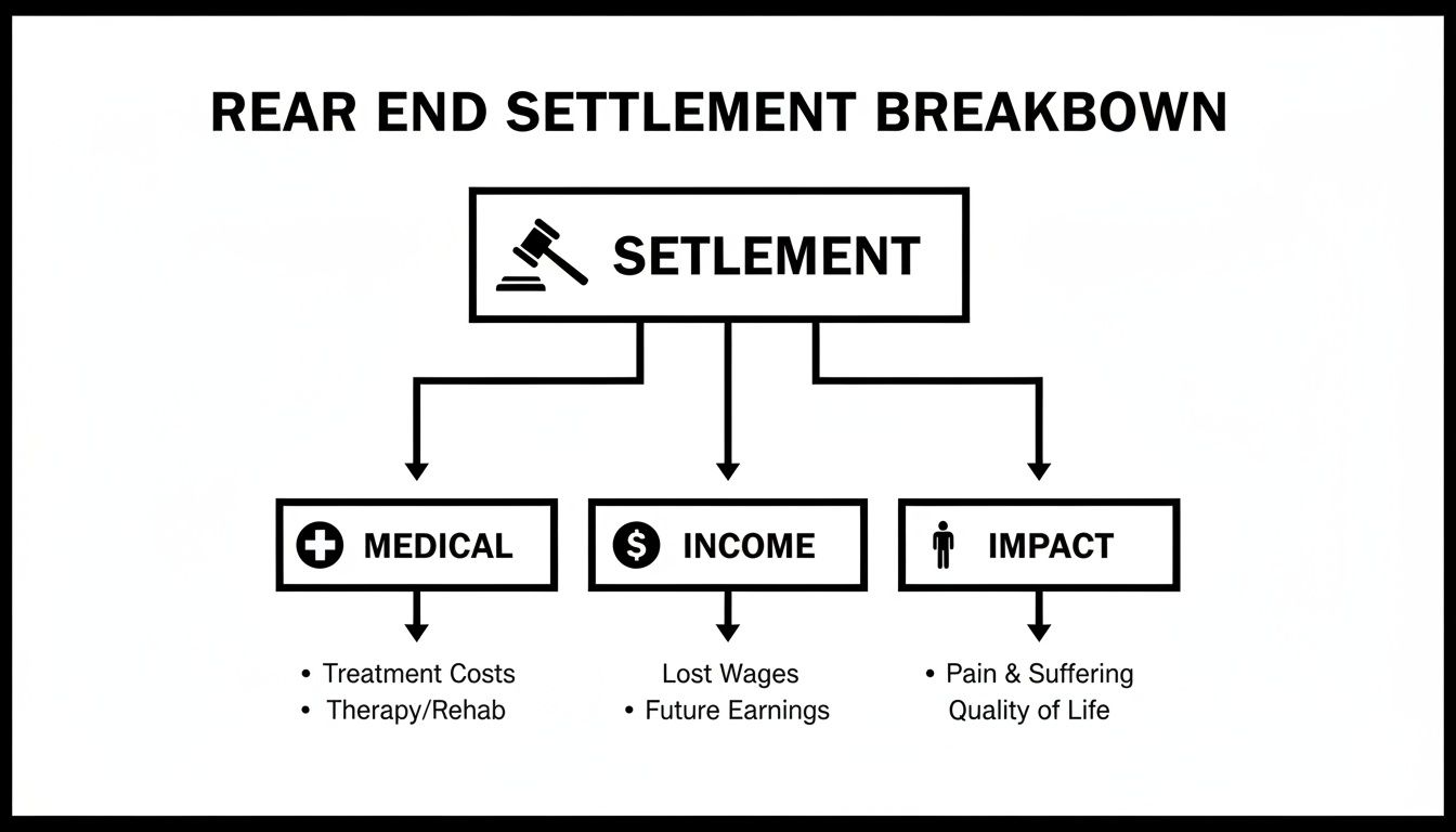 A flowchart illustrating the breakdown of a rear-end settlement into medical, income, and impact components.