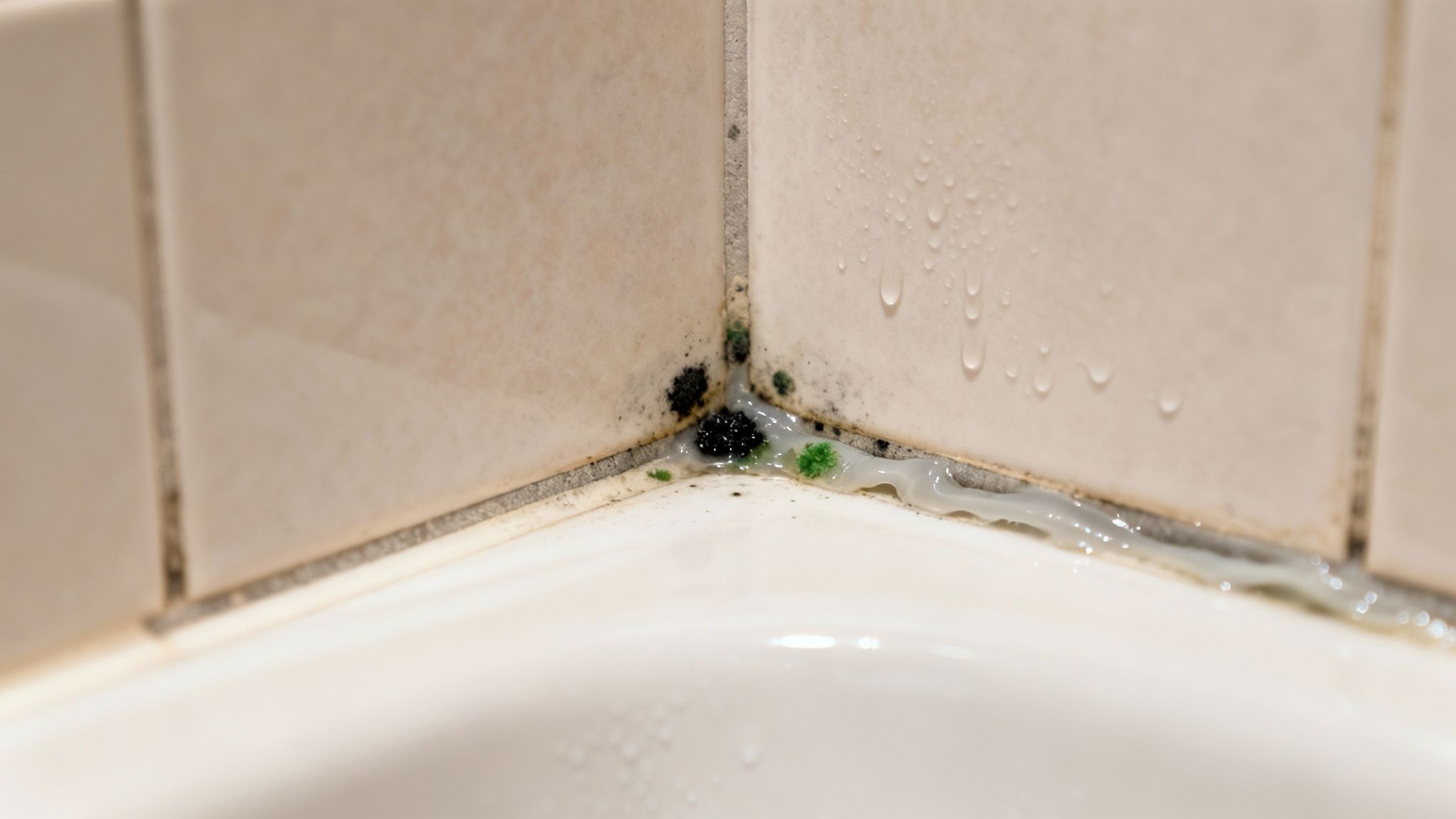 Close-up of black and green mold growing in a bathroom corner on tiles and sealant, with water droplets.