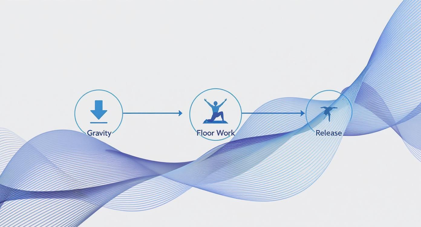 Visual representation of contemporary dance principles: gravity, floor work, and release with flowing lines.