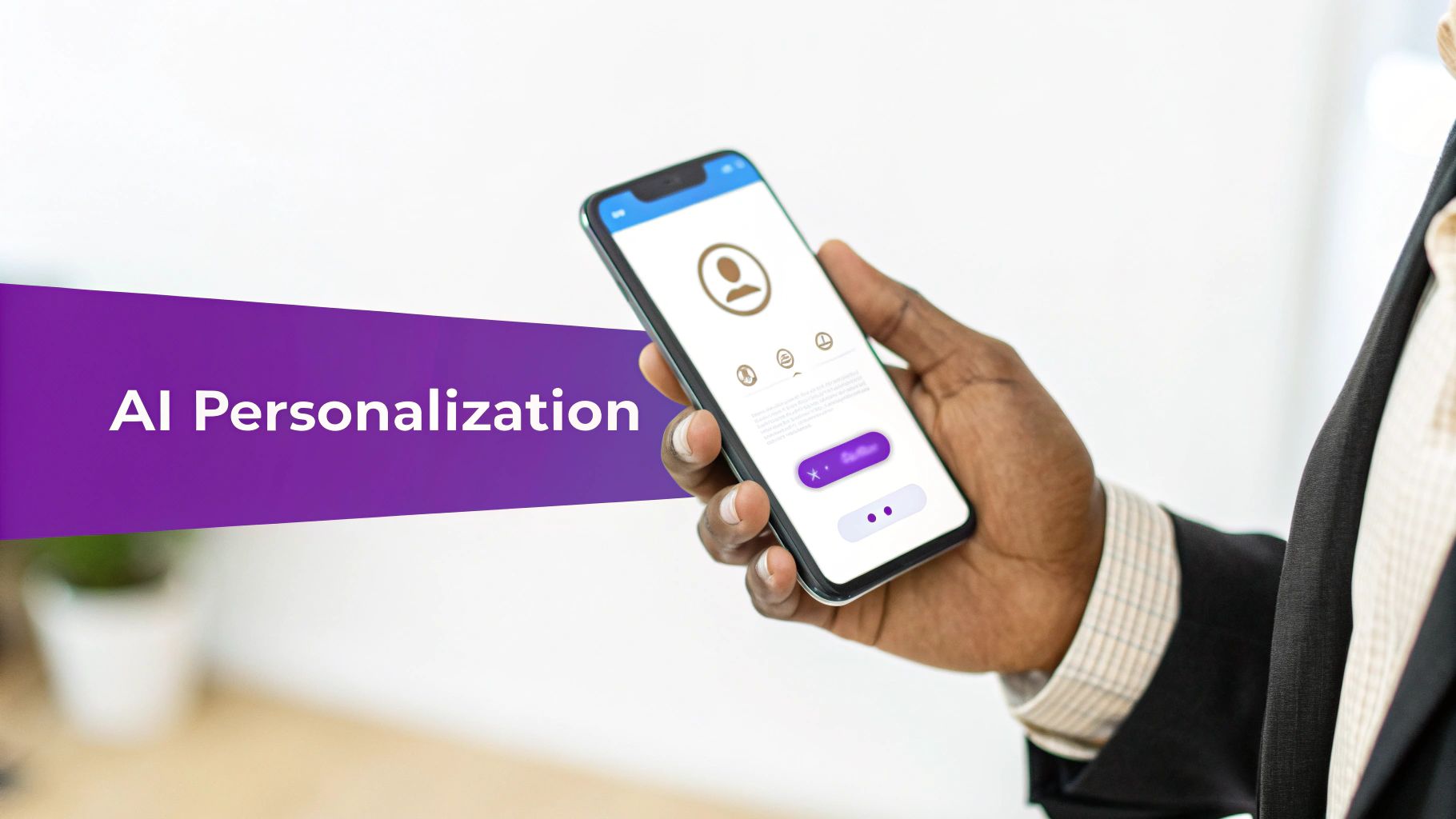 A hand holds a smartphone displaying a user profile, with a purple banner saying 'AI Personalization'.