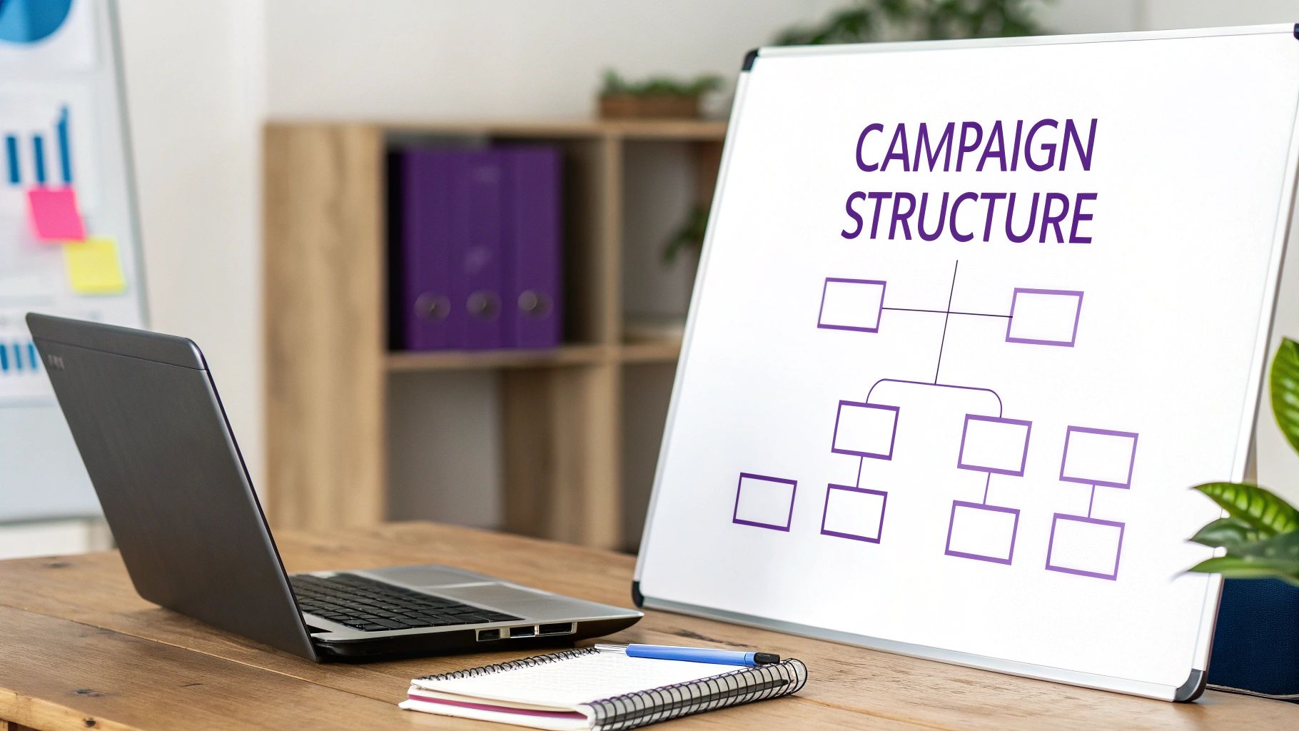 Whiteboard with 'Campaign Structure' diagram, laptop, and notebook on a wooden office desk.