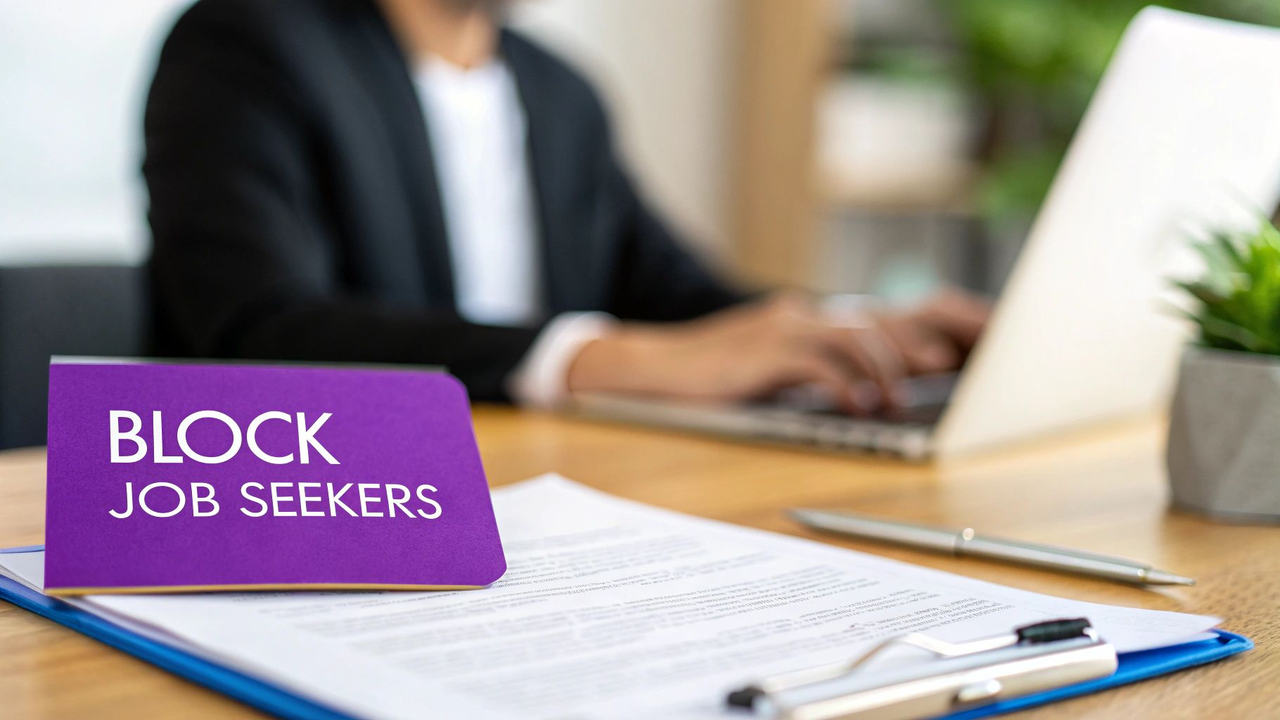 A purple sign with "BLOCK JOB SEEKERS" on a desk, with a person typing on a laptop.