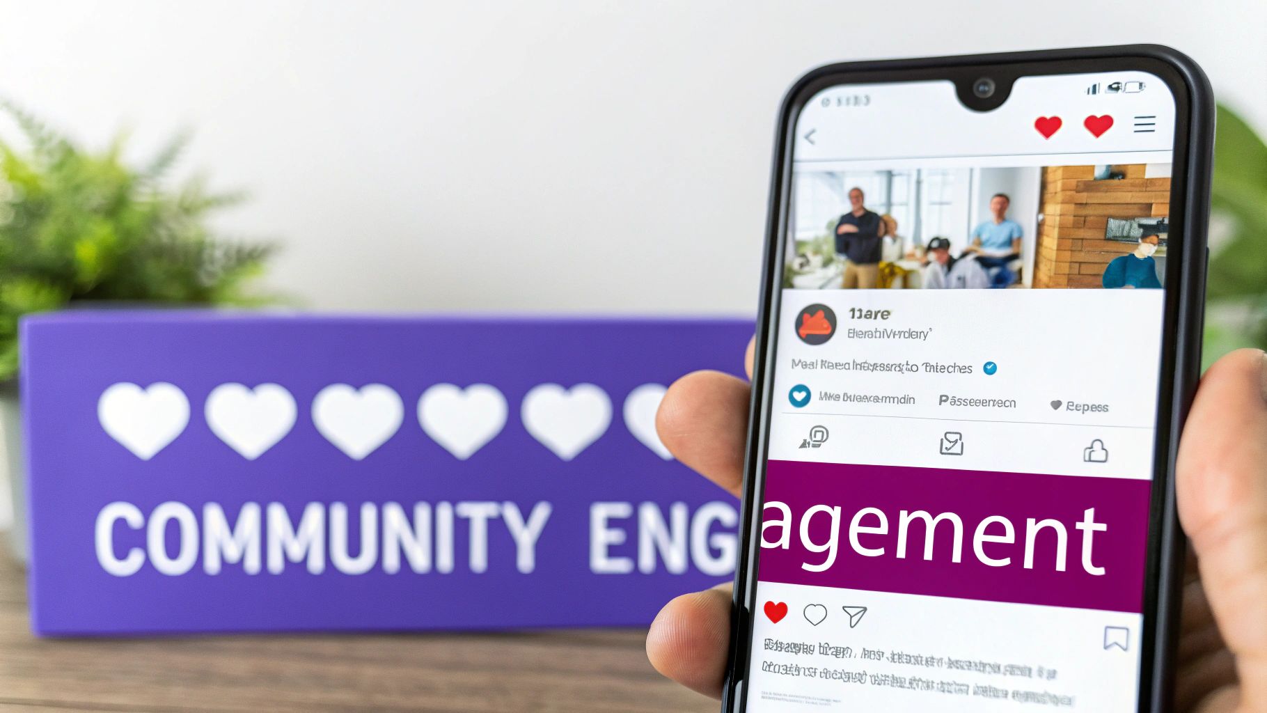 A hand holds a smartphone displaying a social media feed, with a 'COMMUNITY ENGAGEMENT' sign in the background.